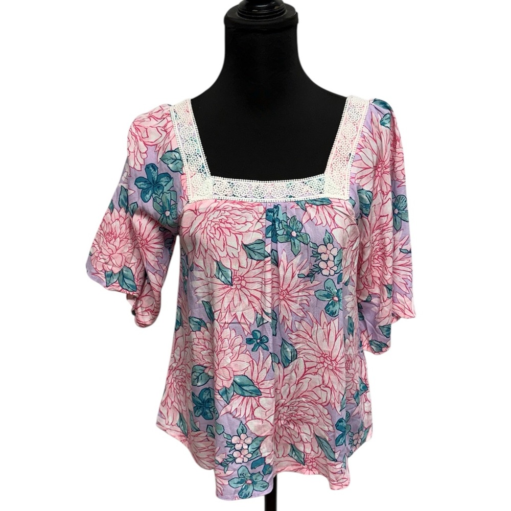 Emily Wonder Pink Puff Sleeve Blouse with Relaxed Fit Square Neckline Floral